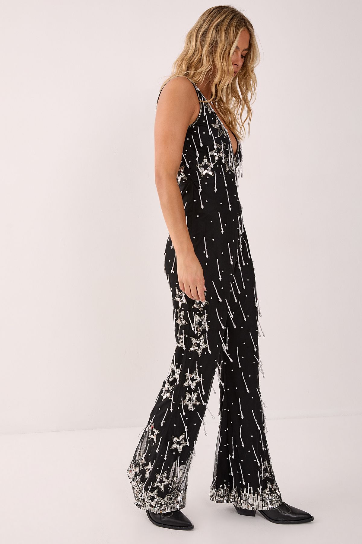 NastyGal Star Sequin Pearl Droplet Plunge Jumpsuit Black image 3