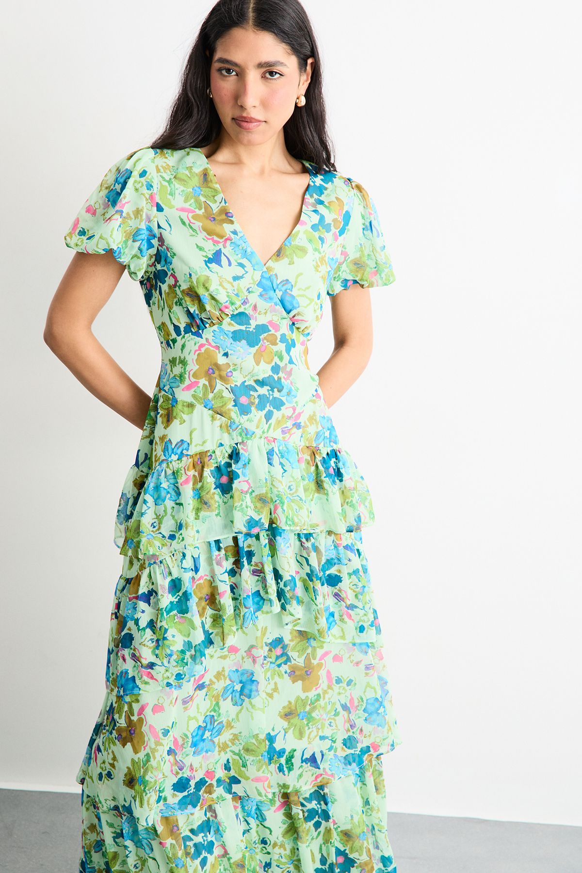 Warehouse Floral Dropped Waist Puff Sleeve Tiered Midi Dress Green image 2