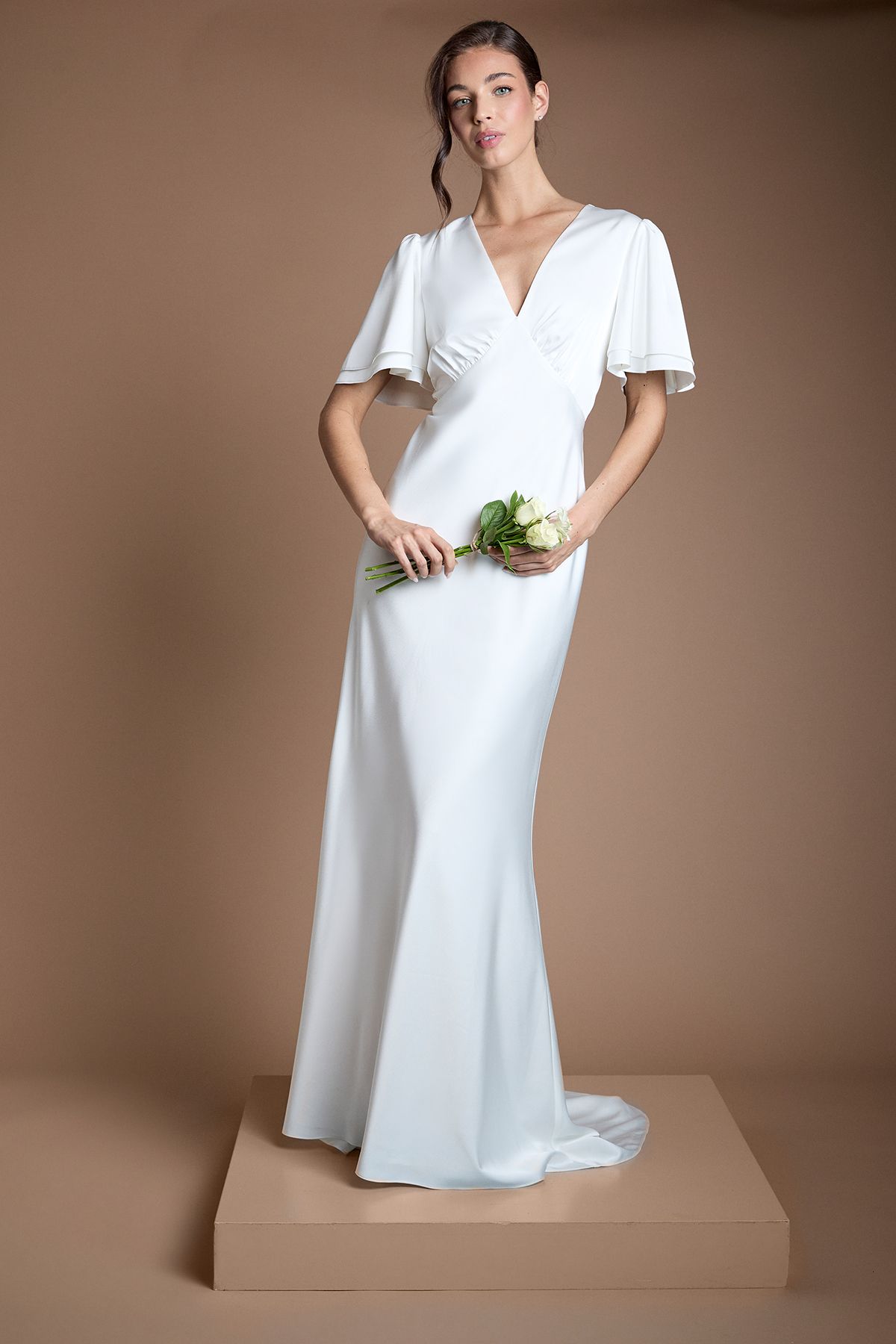 Oasis Deep V Fluted Sleeve Maxi Wedding Dress Ivory image 1