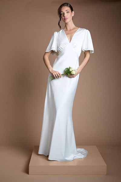 Oasis Deep V Fluted Sleeve Maxi Wedding Dress Ivory