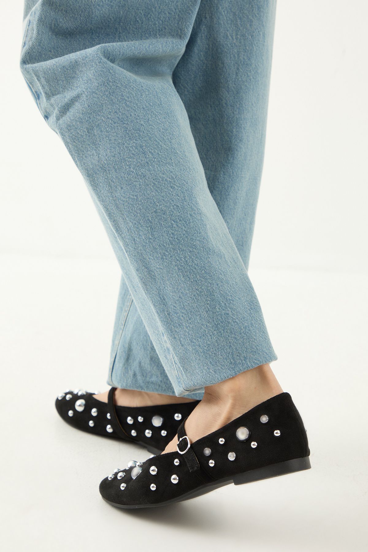 MissPap Faux Suede Studded Mary Jane Ballerinas Natural Black image 3