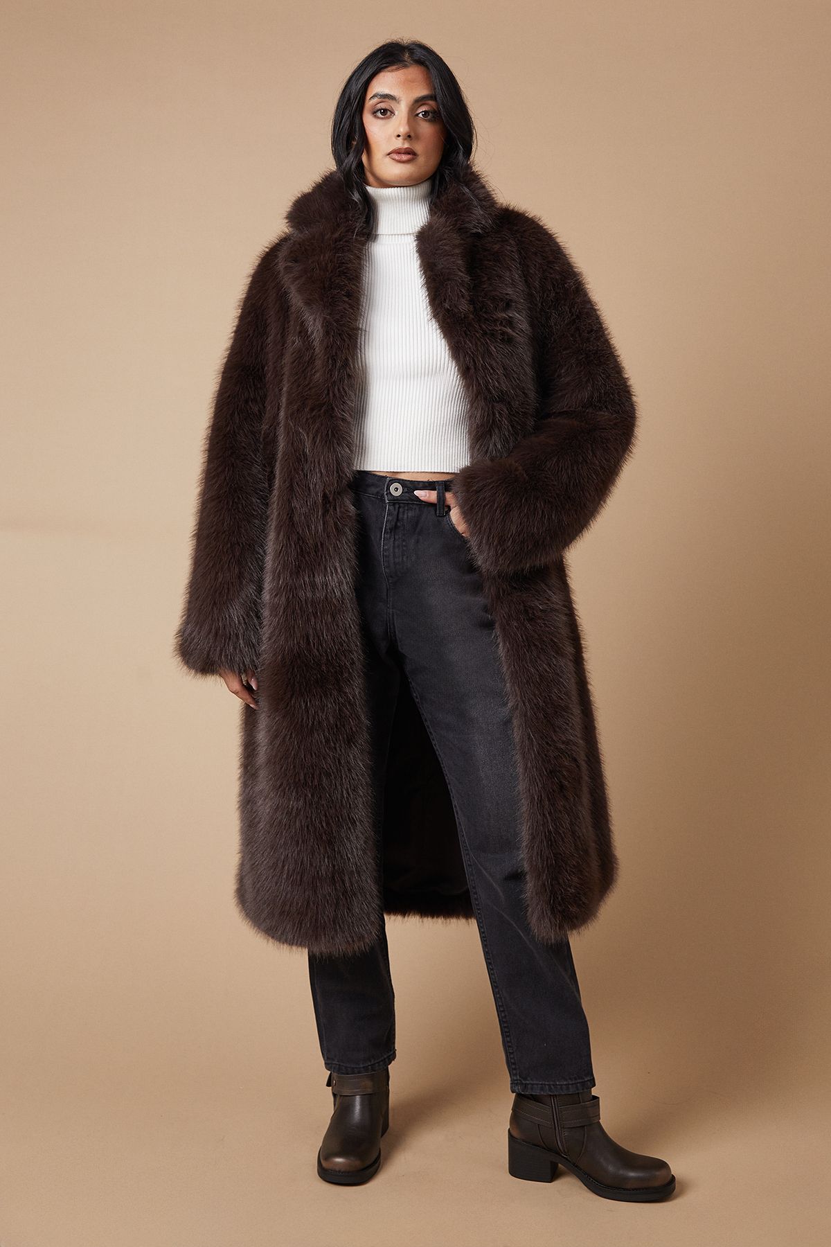 Oasis Faux Fur Midi Coat Chocolate image 1