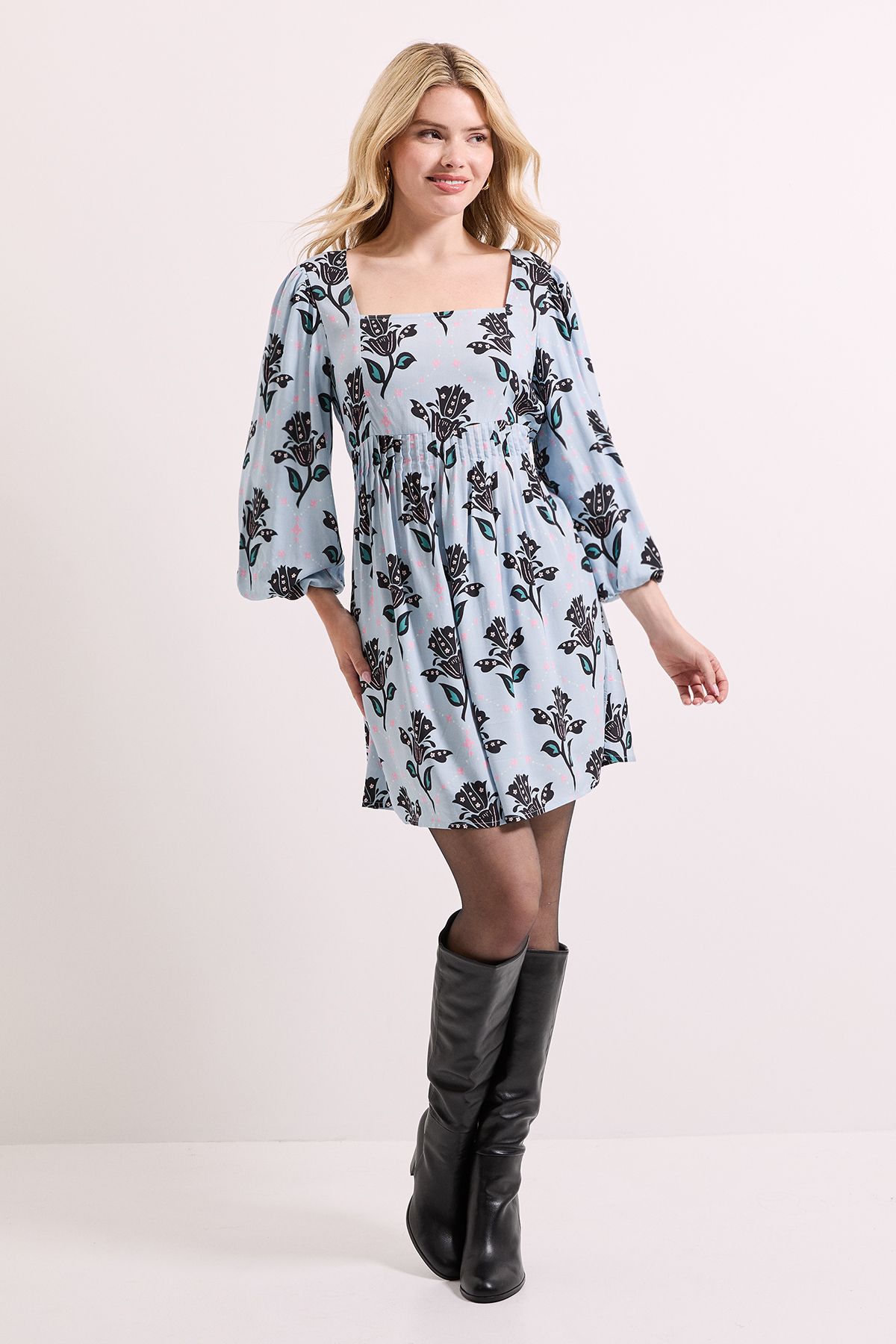 Dorothy Perkins Blue Floral Square Neck Blouson Sleeve Tie Back Mini Dress Blue