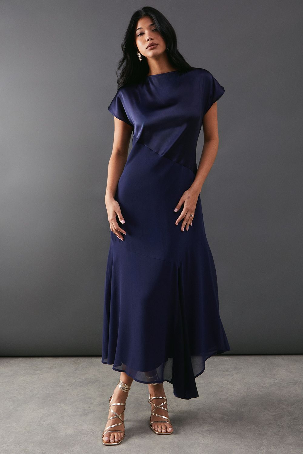 Warehouse Satin Georgette Panelling Asymmetric Hem Midi Dress Navy