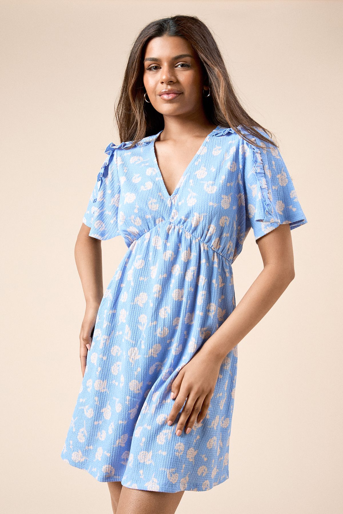 Dorothy Perkins Petite Blue Ditsy Frill Detail Angel Sleeve Mini Dress Blue