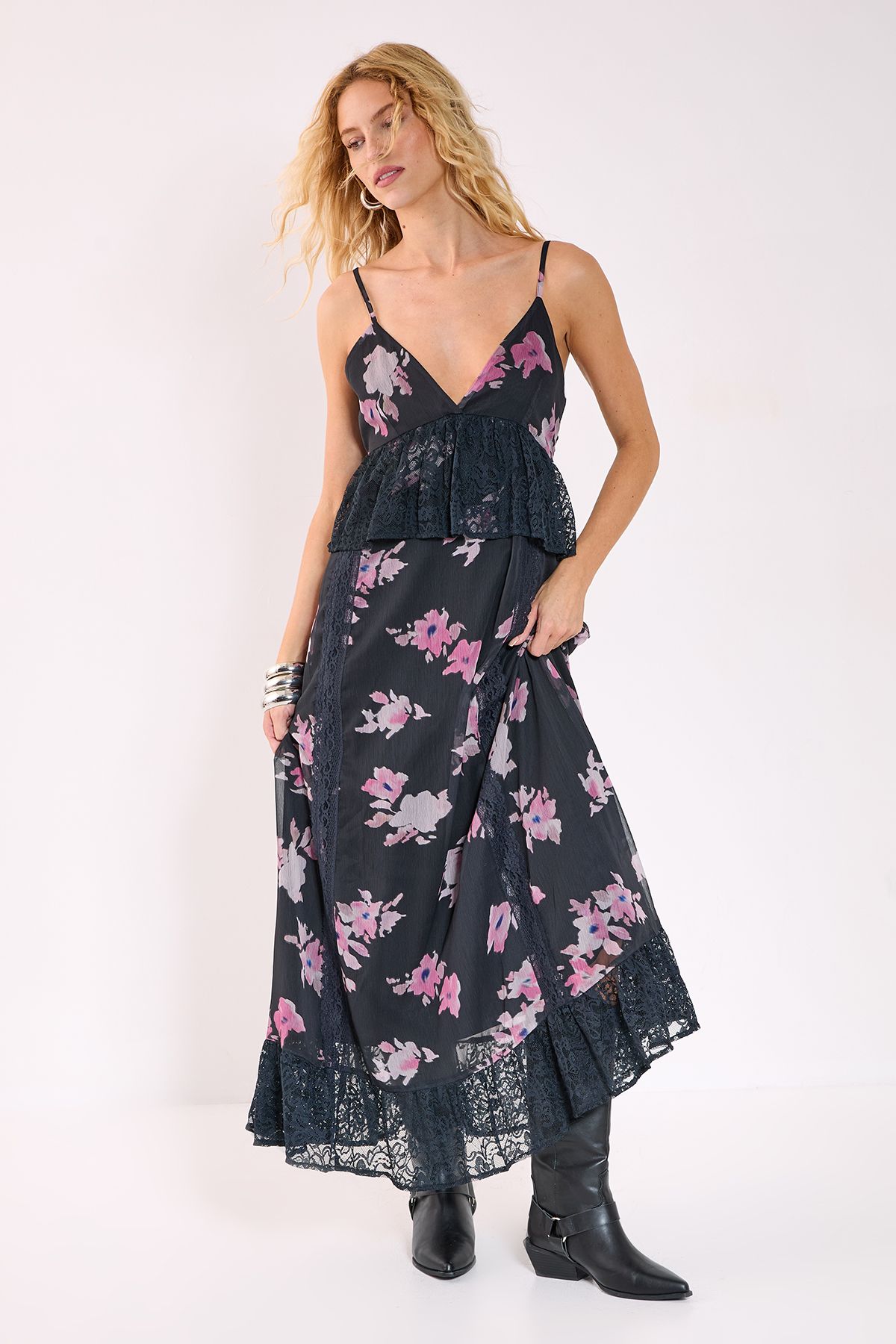 NastyGal Floral Chiffon Lace Ruffle Maxi Dress Black image 1