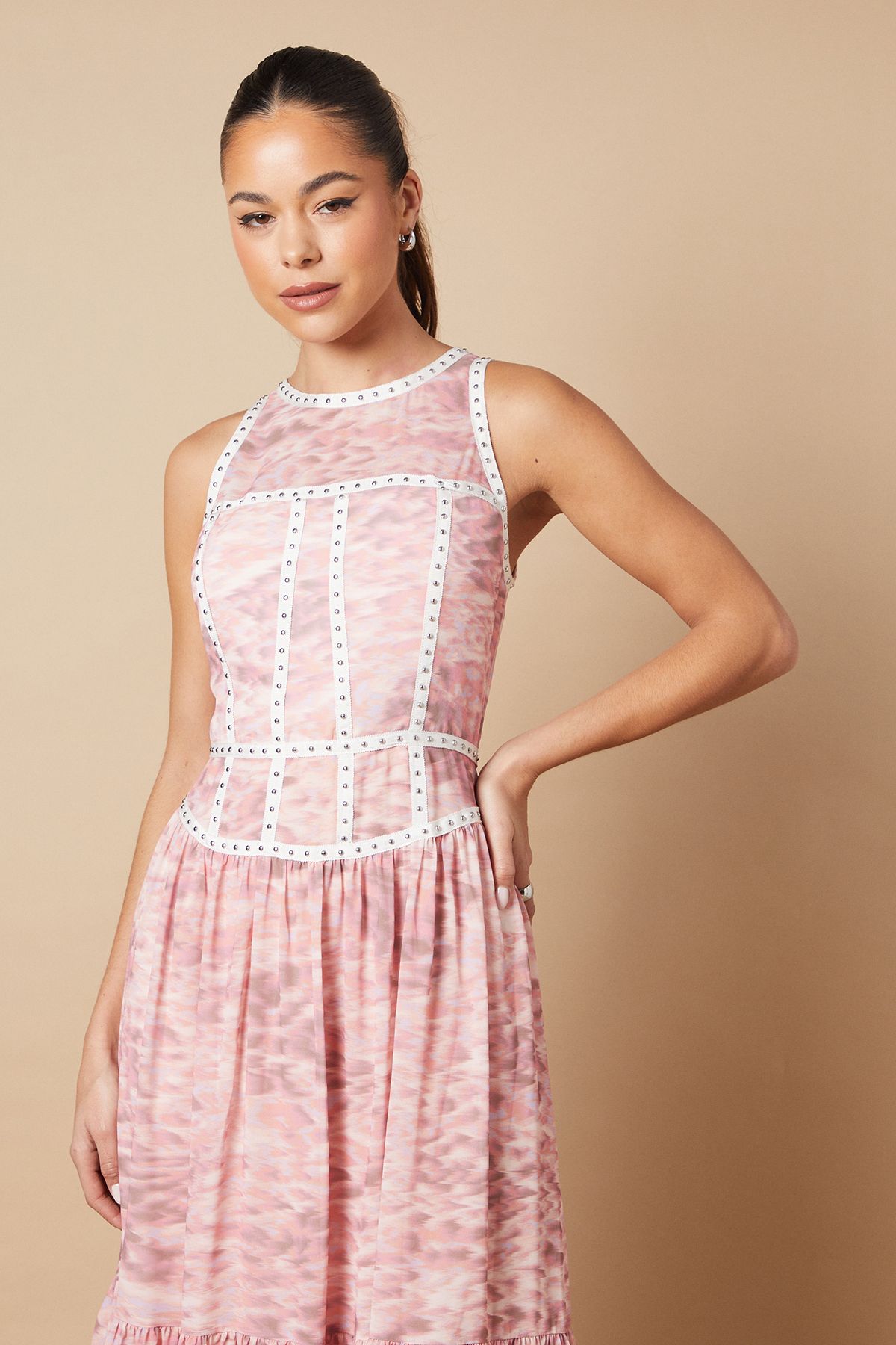 Oasis Printed Stud Embellished Trim Maxi Dress Multi image 4