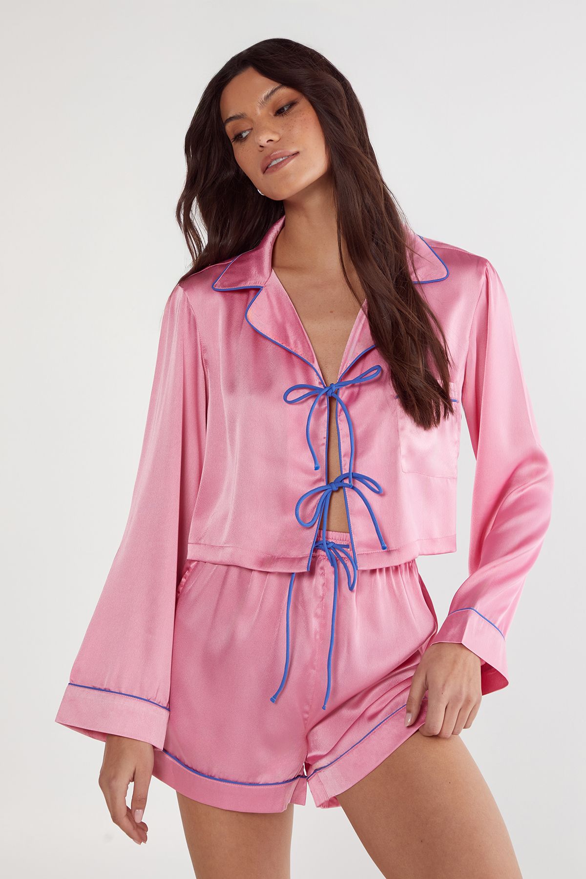 NastyGal Satin Contrast Pipping Tie Front Shirt And Pajama Shorts Set Pink image 1