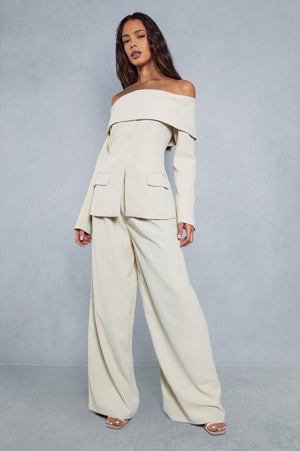 MissPap Tailored Bardot Fitted Blazer Top Stone image 4