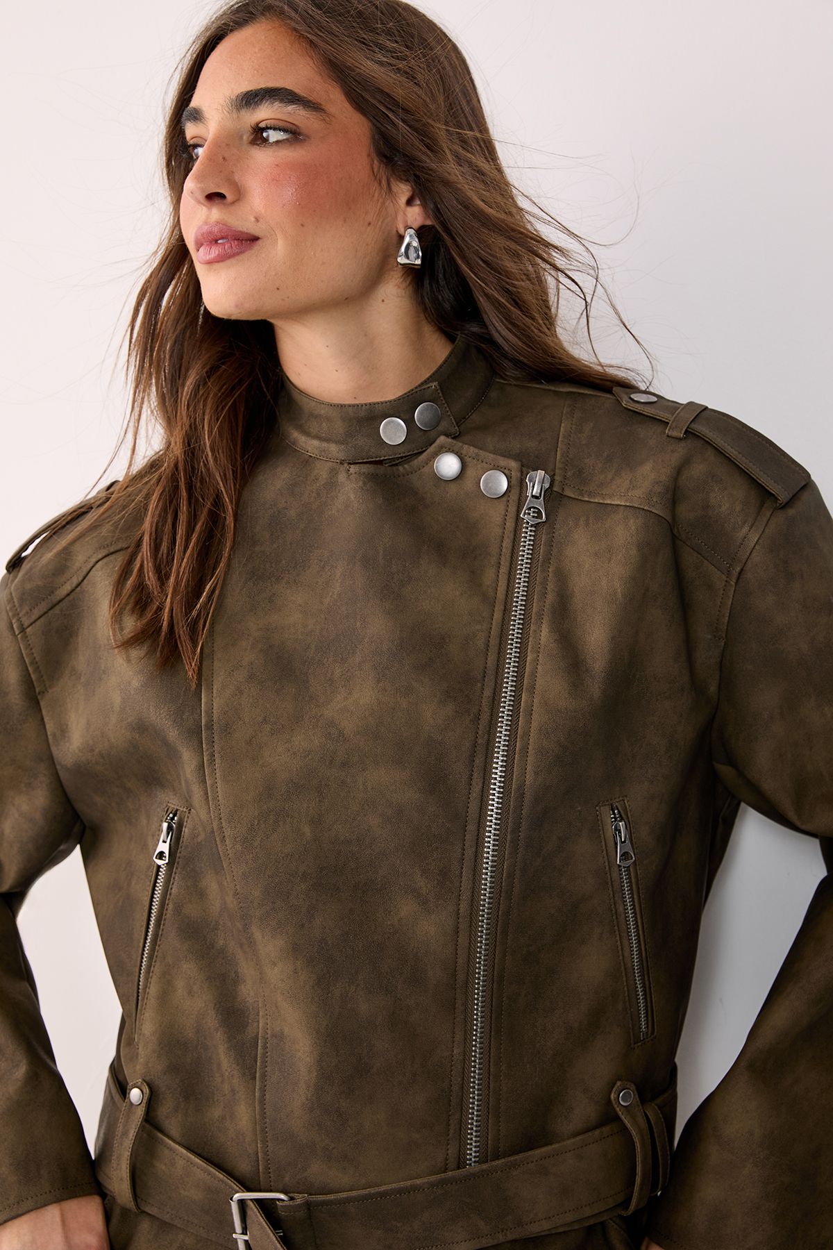 NastyGal Belted Cropped Faux Leather Biker Jacket Olive image 3