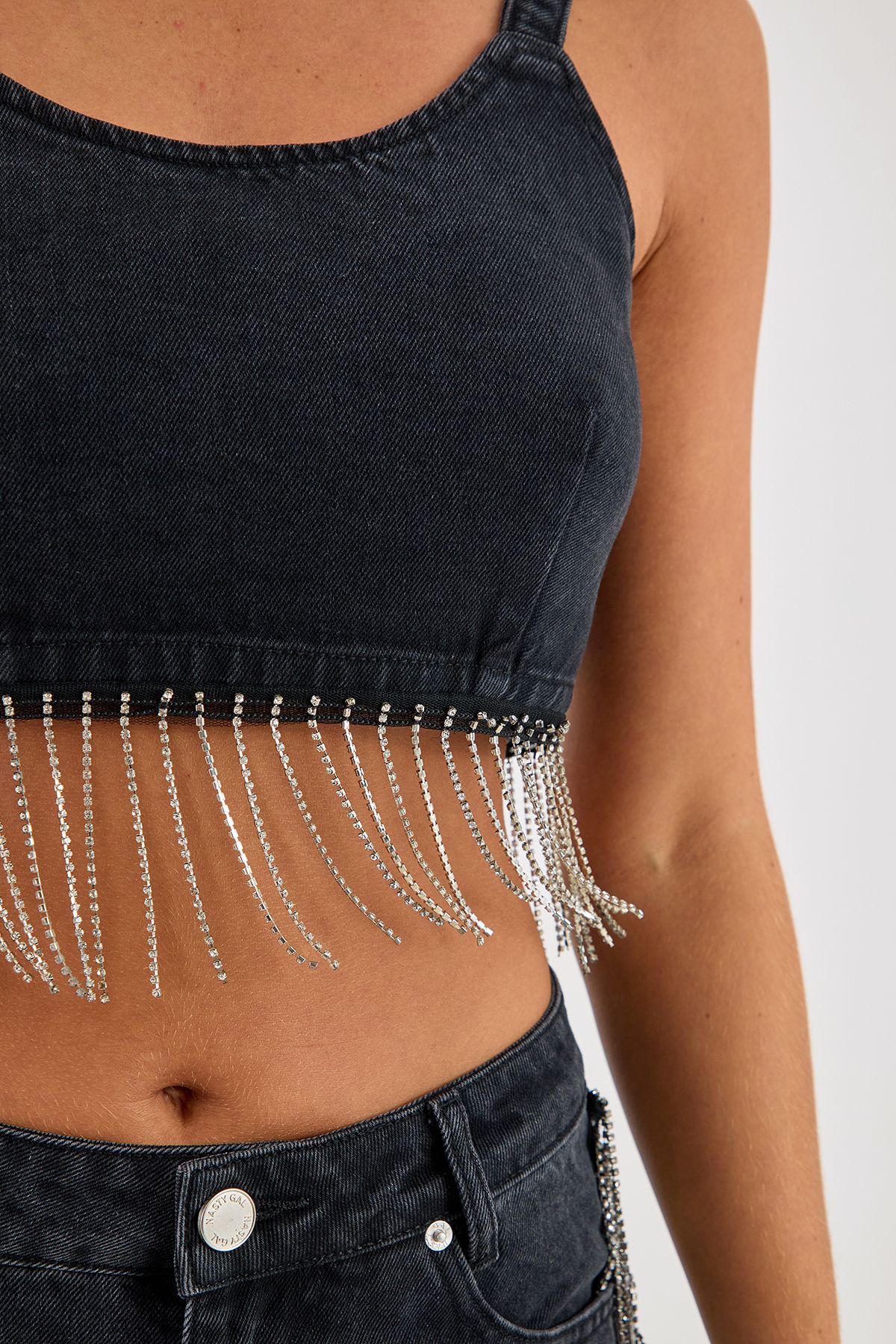 NastyGal Denim Diamonte Tassel Crop Top Washed Black image 3