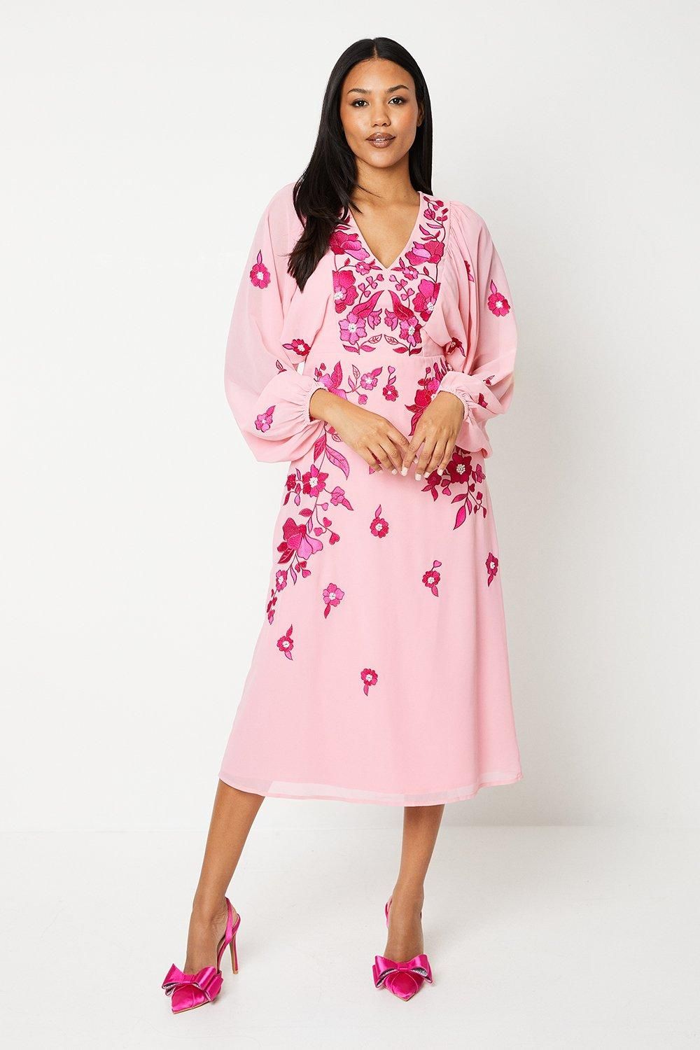 Coast Embroidered Long Sleeve Midi Dress Pink