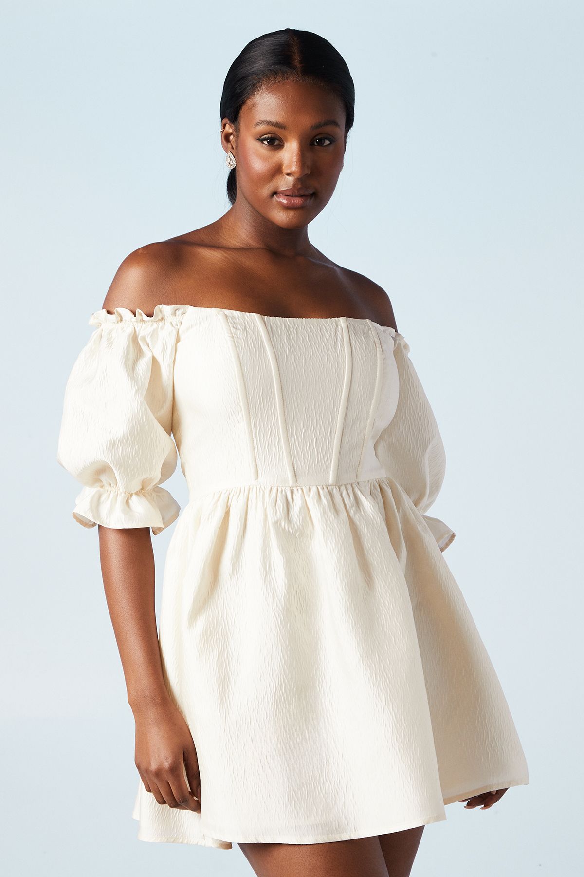 Oasis Off The Shoulder Puff Sleeve Jacquard Bridal Mini Dress Ivory image 2