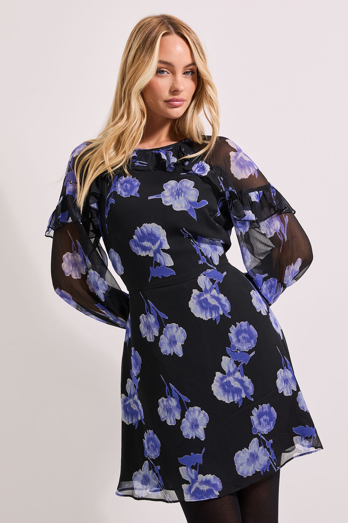 Dorothy Perkins Blue Floral Frill Detail Blouson Sleeve Mini Dress Blue image 1