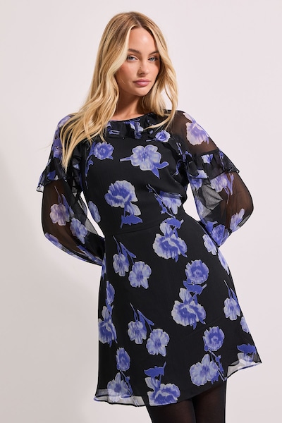 Dorothy Perkins Blue Floral Frill Detail Blouson Sleeve Mini Dress Blue