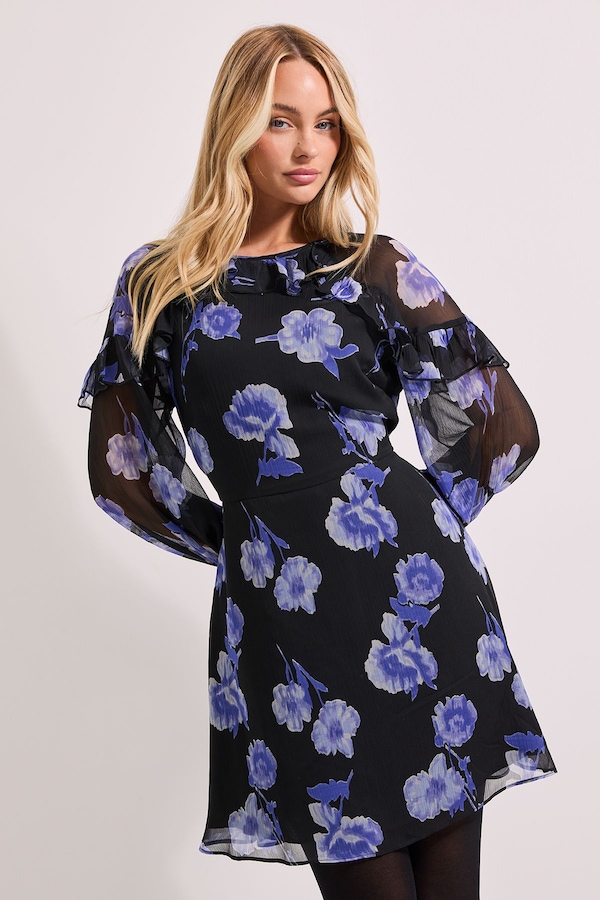 Dorothy Perkins Blue Floral Frill Detail Blouson Sleeve Mini Dress Blue