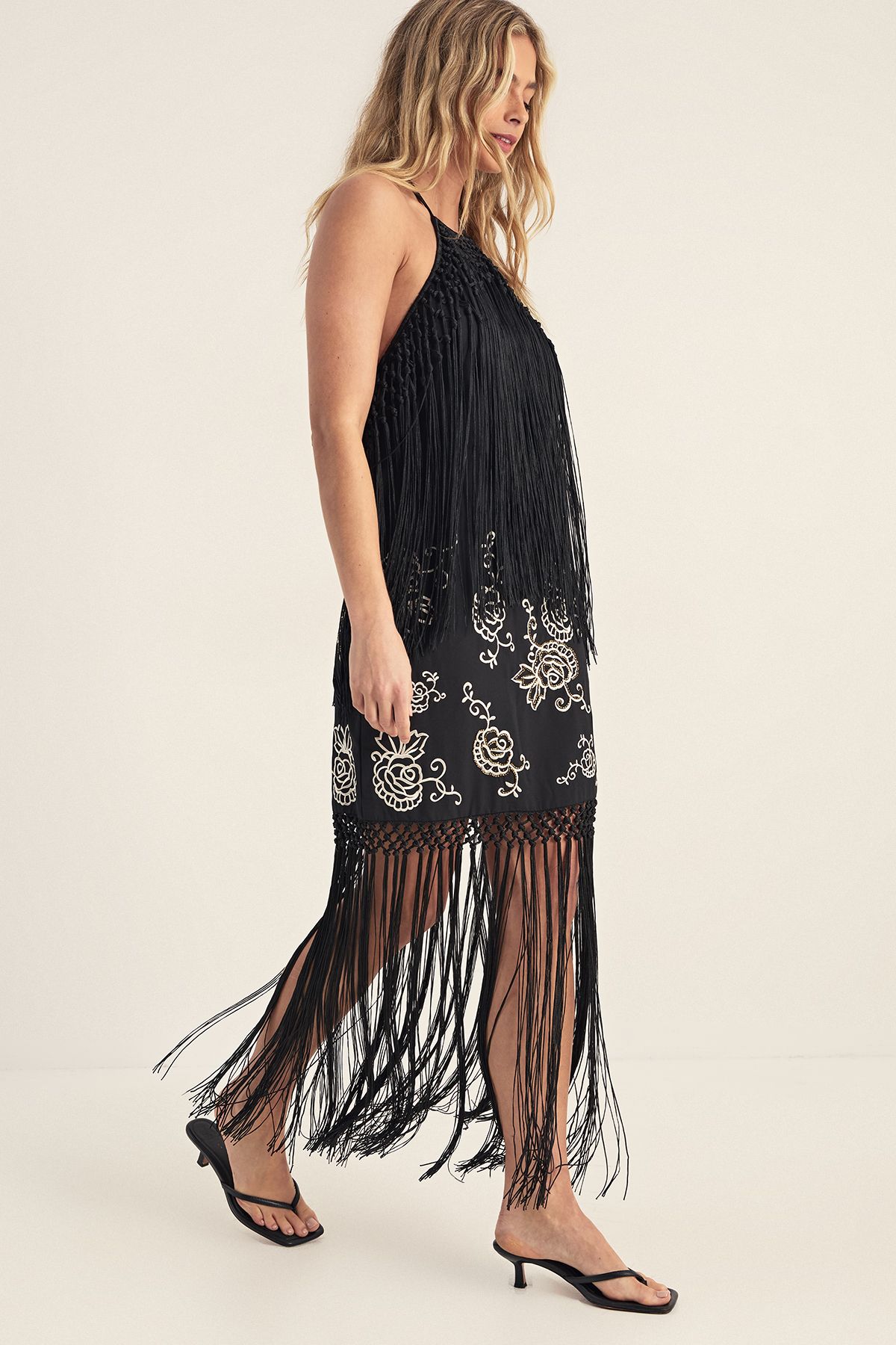 NastyGal Embroidered Bead Trim High Neck Tassel Mini Dress Black