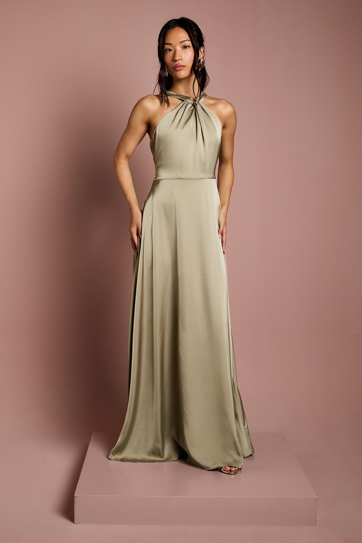 Coast Coast Honoured Twist Halterneck Satin Maxi Bridesmaid Dress Olive image 1