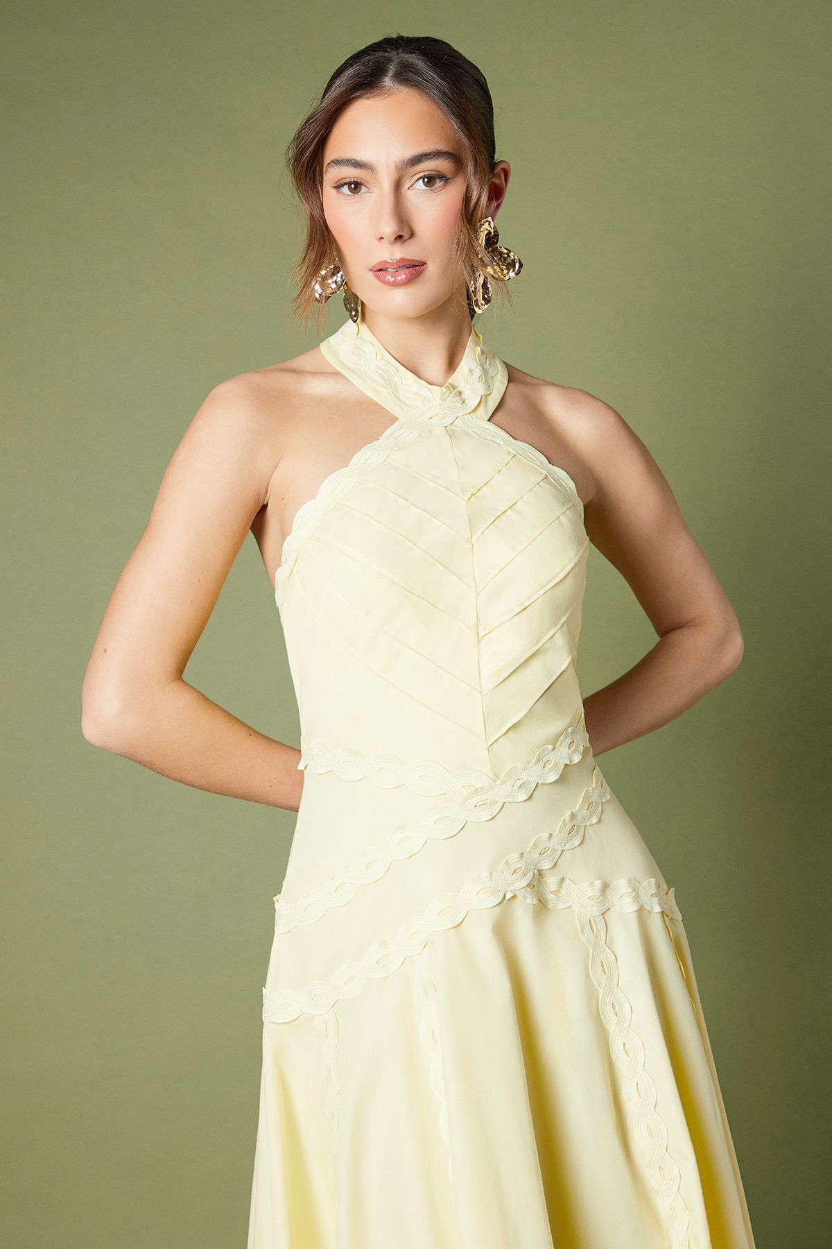 Coast Halter Neck Lace Trim Midi Dress Lemon image 3