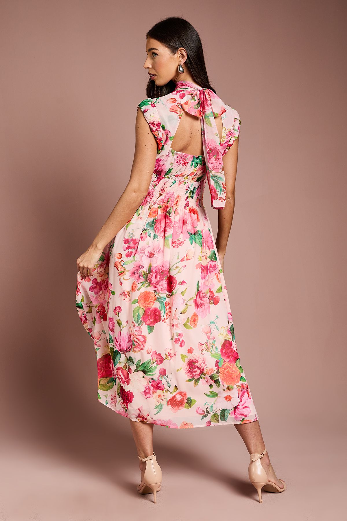 Coast Ruched Detail Printed Georgette Midi Dress Pink image 3