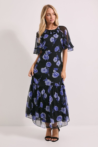 Dorothy Perkins Blue Floral Frill Cape Sleeve Tiered Printed Chiffon Midi Dress Blue