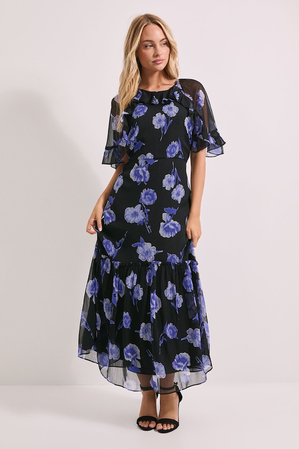 Dorothy Perkins Blue Floral Frill Cape Sleeve Tiered Printed Chiffon Midi Dress Blue