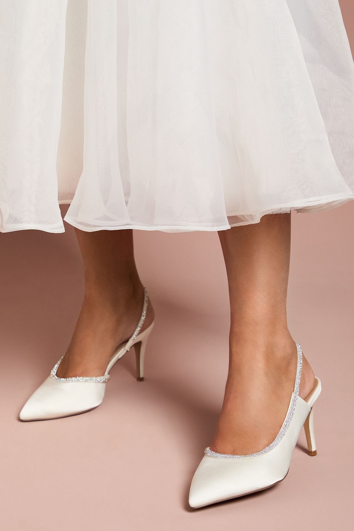 Coast Bridal Wide Fit Sabrina Satin Diamante Trim Slingback High Stiletto Court Shoes White image 2