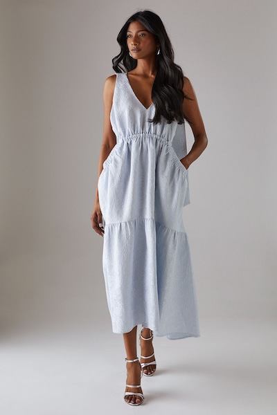 Warehouse Jacquard Plunge Tie Pocket Midi Dress Pale Blue