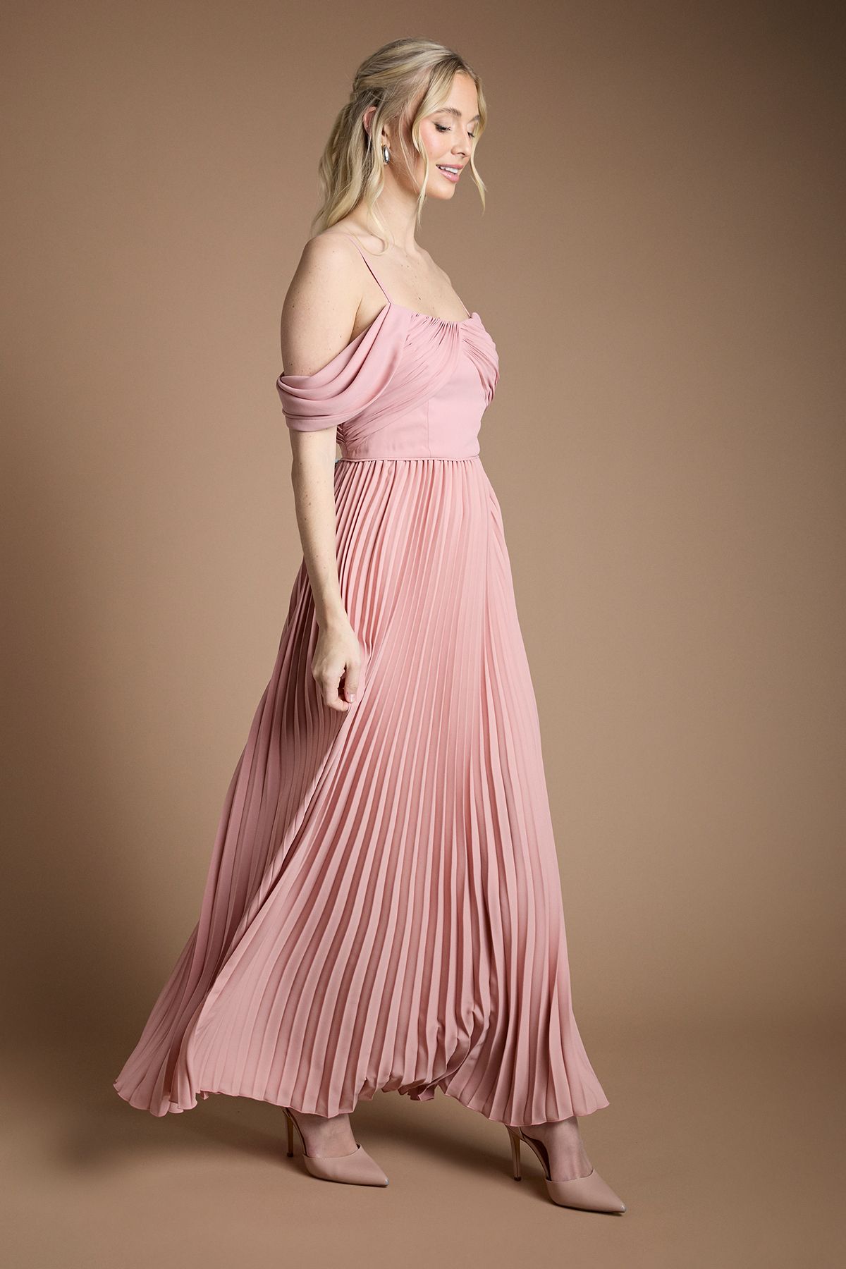 Coast Bardot Pleated Maxi Bridesmaid Dress Antique Rose