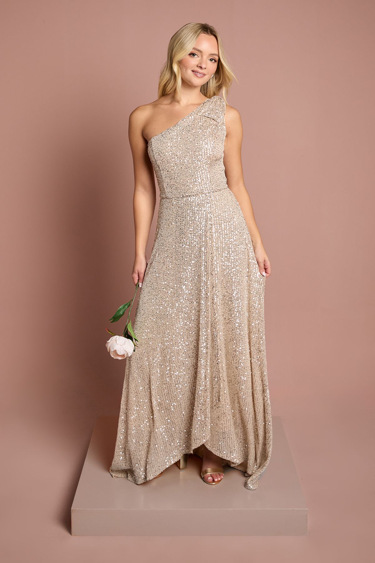 Coast Teen Coast Sequin Bow One Shoulder Maxi Bridesmaid Dress Champagne image 1