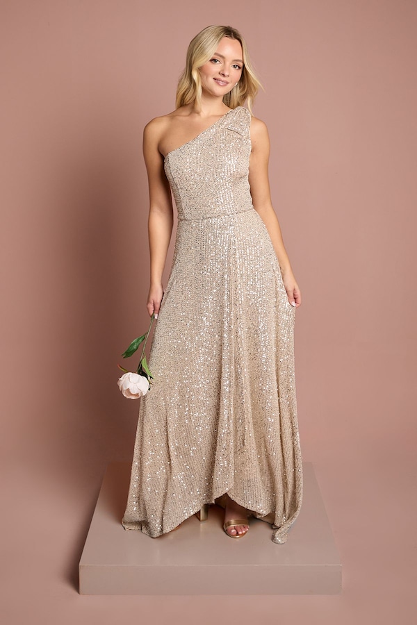 Coast Teen Coast Sequin Bow One Shoulder Maxi Bridesmaid Dress Champagne