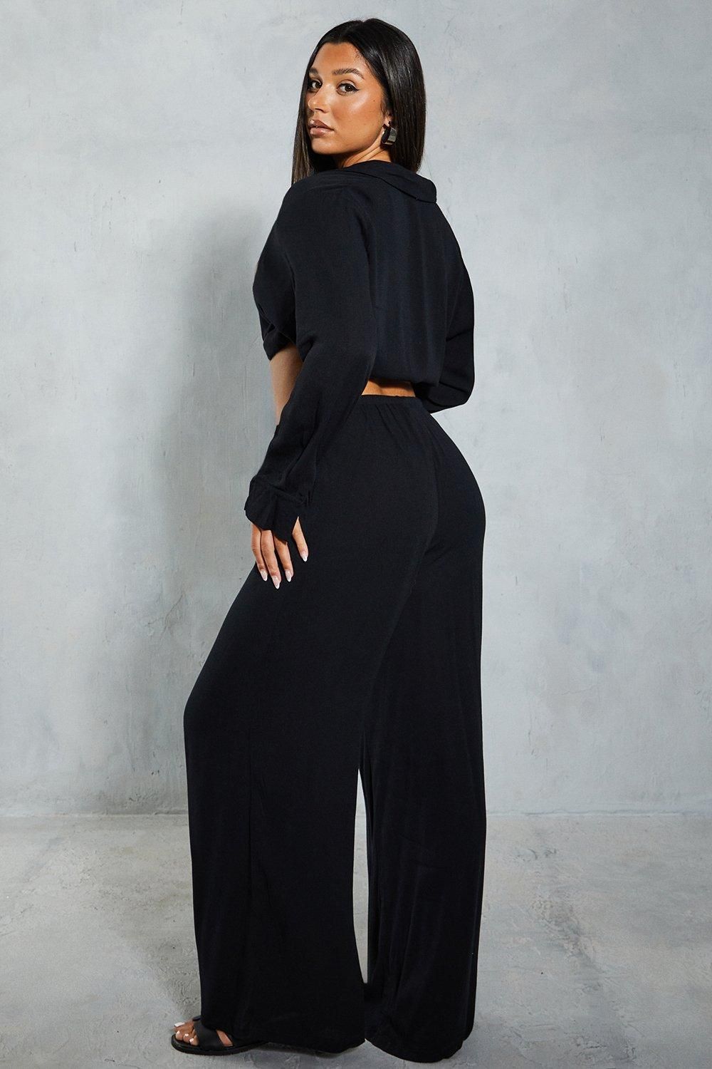 MissPap Crinkle Sheer Elastic Drawstring Waist Relaxed Trouser Black image 3