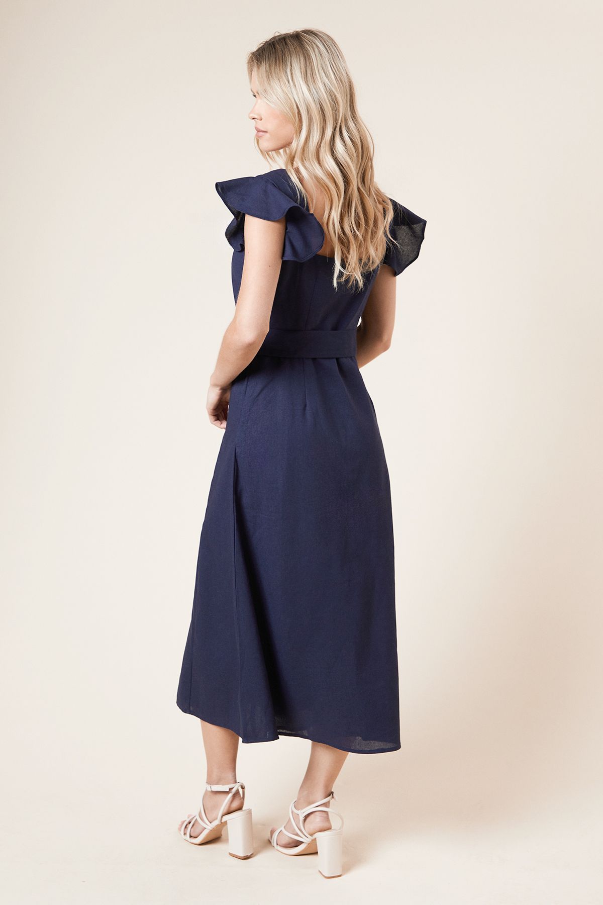 Dorothy Perkins Petite Linen Belted Sleeveless Midi Dress Navy image 3