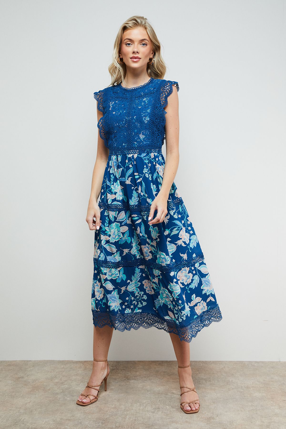 Oasis Lace Mix Bodice Midi Dress Floral image 1