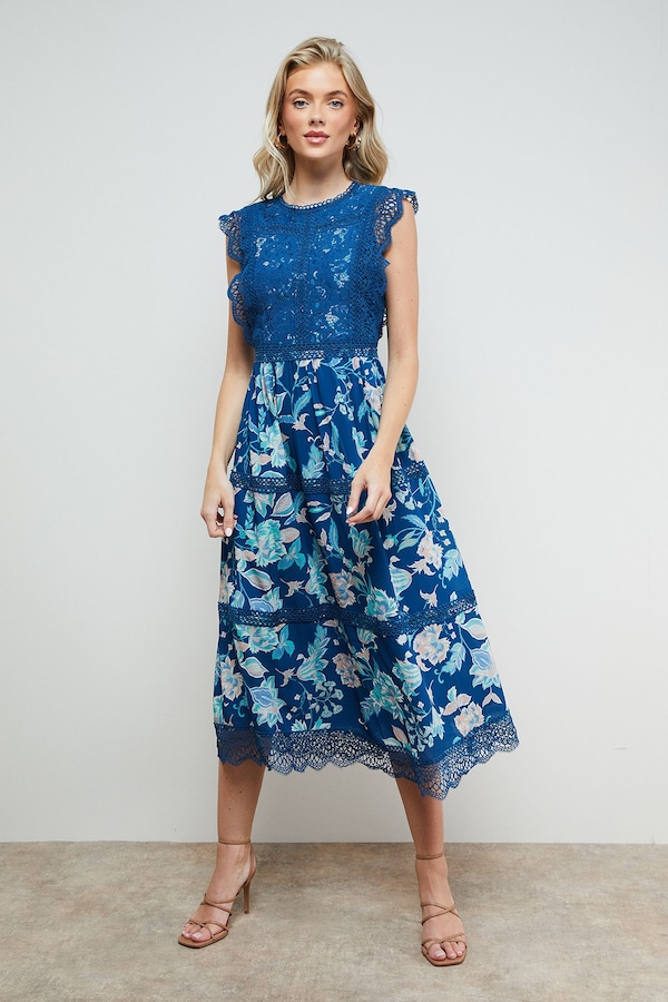 Oasis Lace Mix Bodice Midi Dress Floral