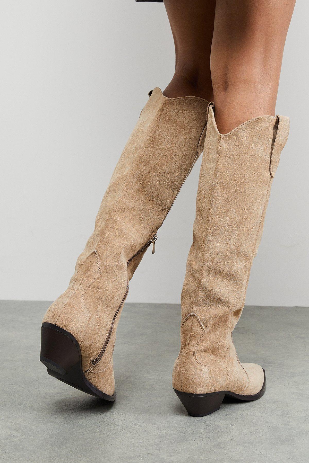 Oasis Faith: Cali Faux Suede Low Heel Western Knee Boots Beige image 3