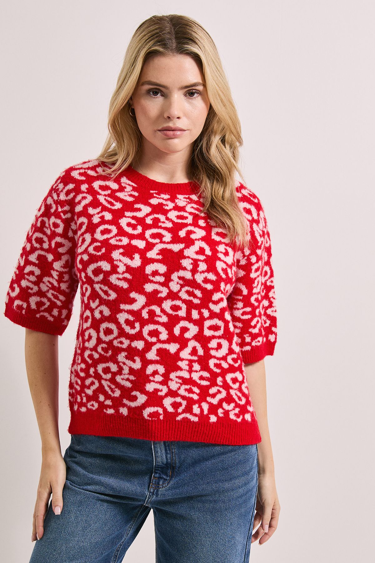 Dorothy Perkins Leopard Animal Red & Pink Short Sleeve Jumper Red image 1