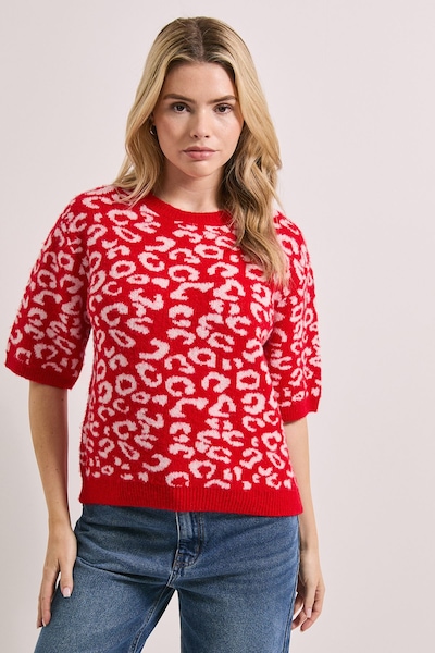 Dorothy Perkins Leopard Animal Red & Pink Short Sleeve Jumper Red