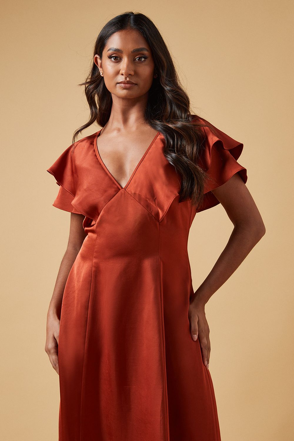 Oasis Occasion Satin Ruffle Sleeve Midaxi Dress Cinnamon image 4