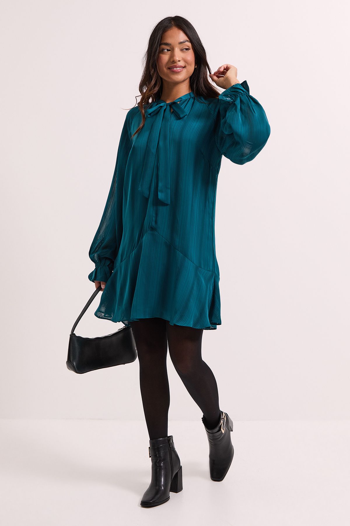 Dorothy Perkins Petite Tie Neck Satin Burnout Tiered Smock Dress Teal image 1