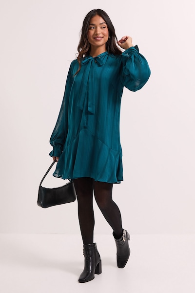 Dorothy Perkins Petite Tie Neck Satin Burnout Tiered Smock Dress Teal