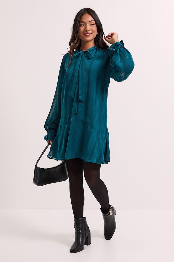 Dorothy Perkins Petite Tie Neck Satin Burnout Tiered Smock Dress Teal