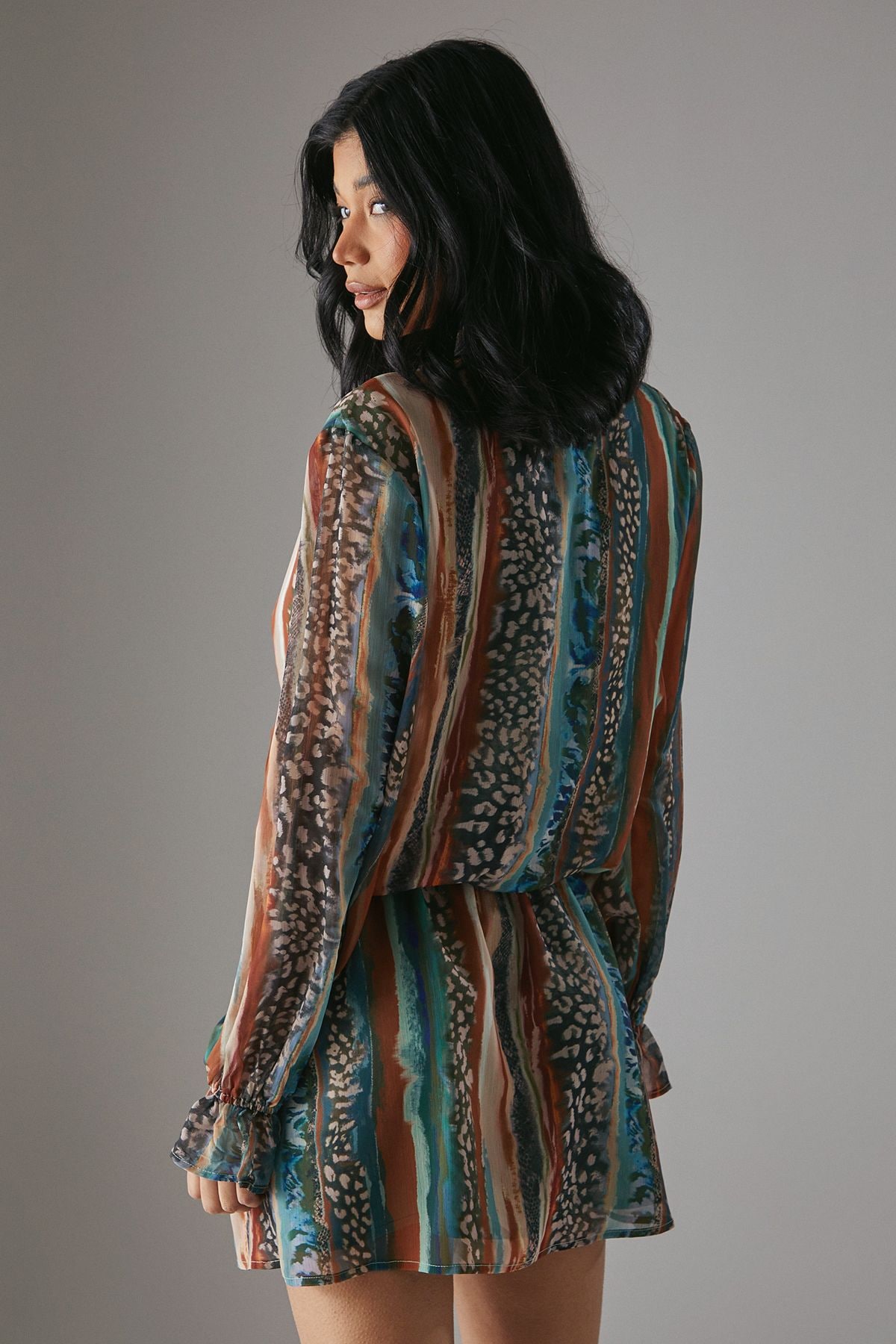 Warehouse HCD Chiffon Wrap Drop Waist Mini Dress Multi image 4