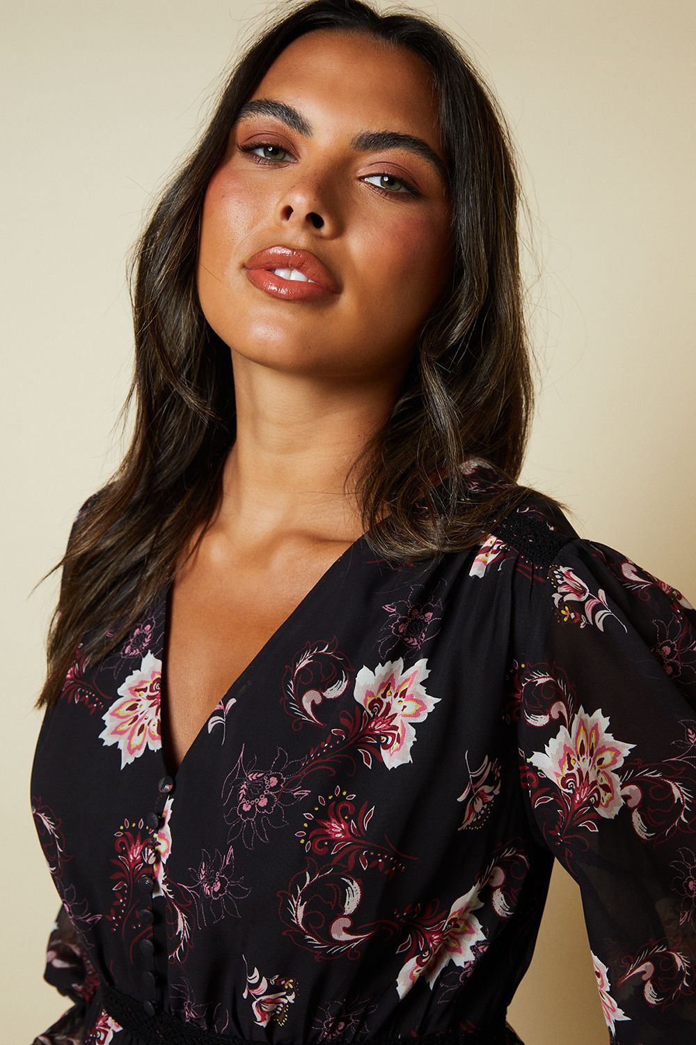 Dorothy Perkins Floral Lace Skirt Long Sleeve Midi Dress Black image 4