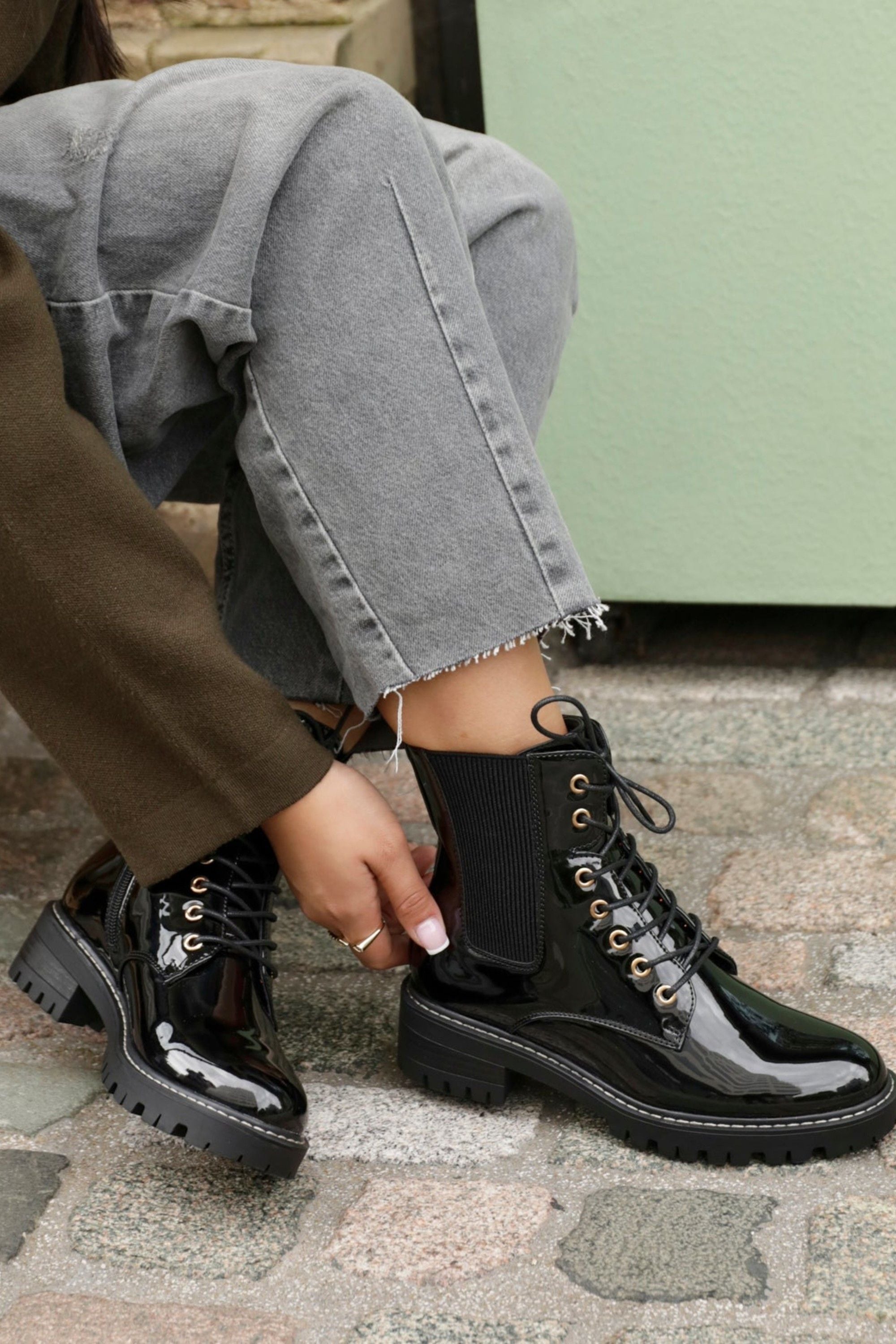 Linzi Layna Black Faux Patent Military Boot image 6