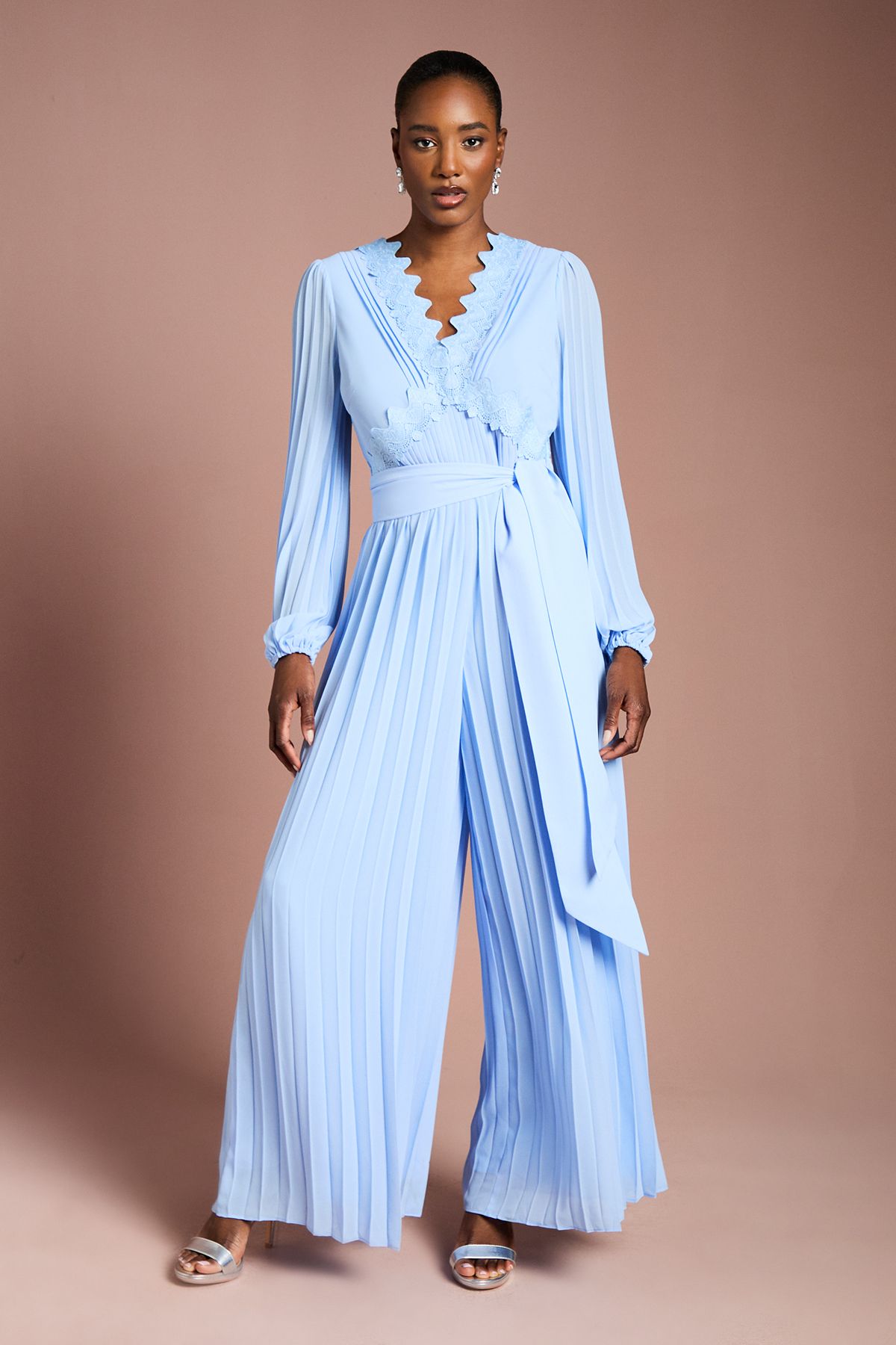 Coast Lace Trim Pleated Leg Jumpsuit With Tie Waist Cornflower Blue image 1