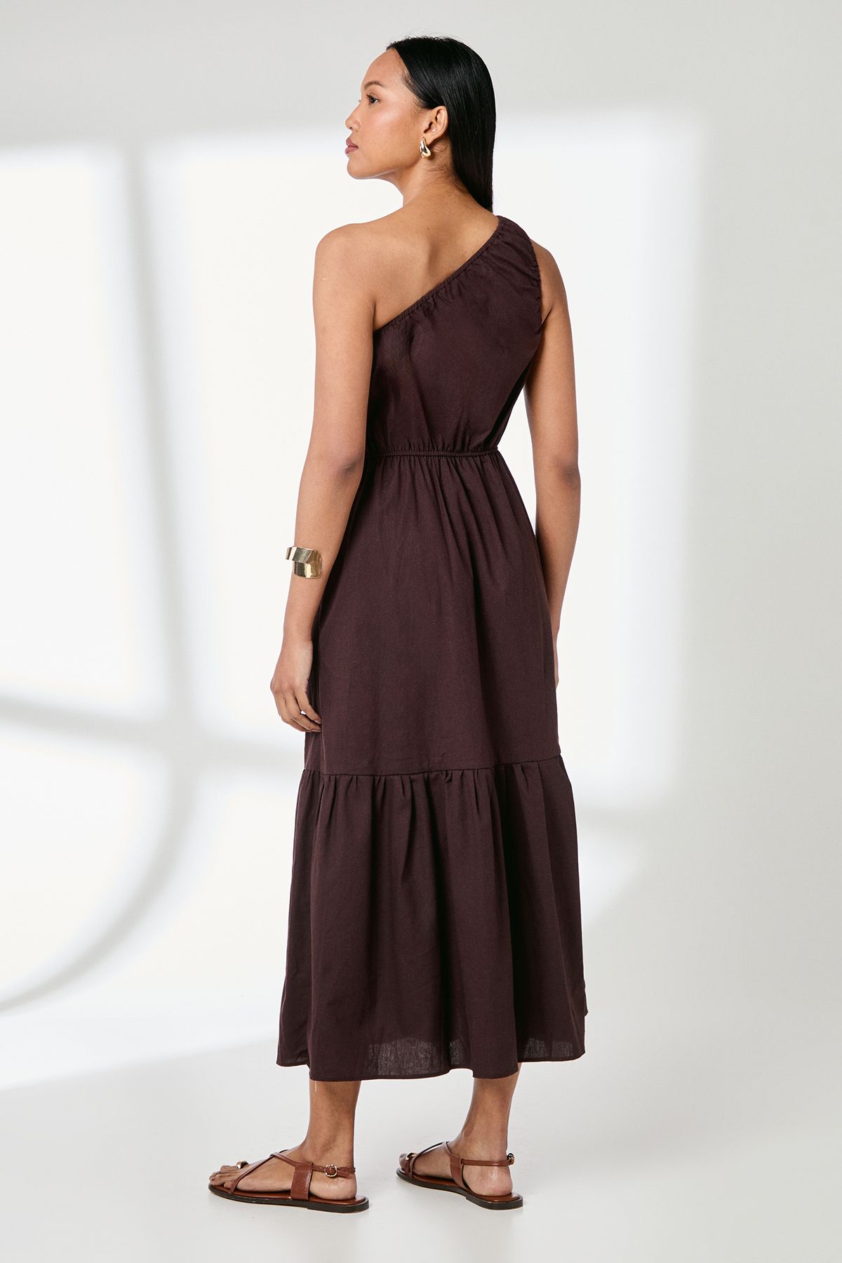 Principles One Shoulder Tiered Linen Mix Midaxi Dress Brown image 3
