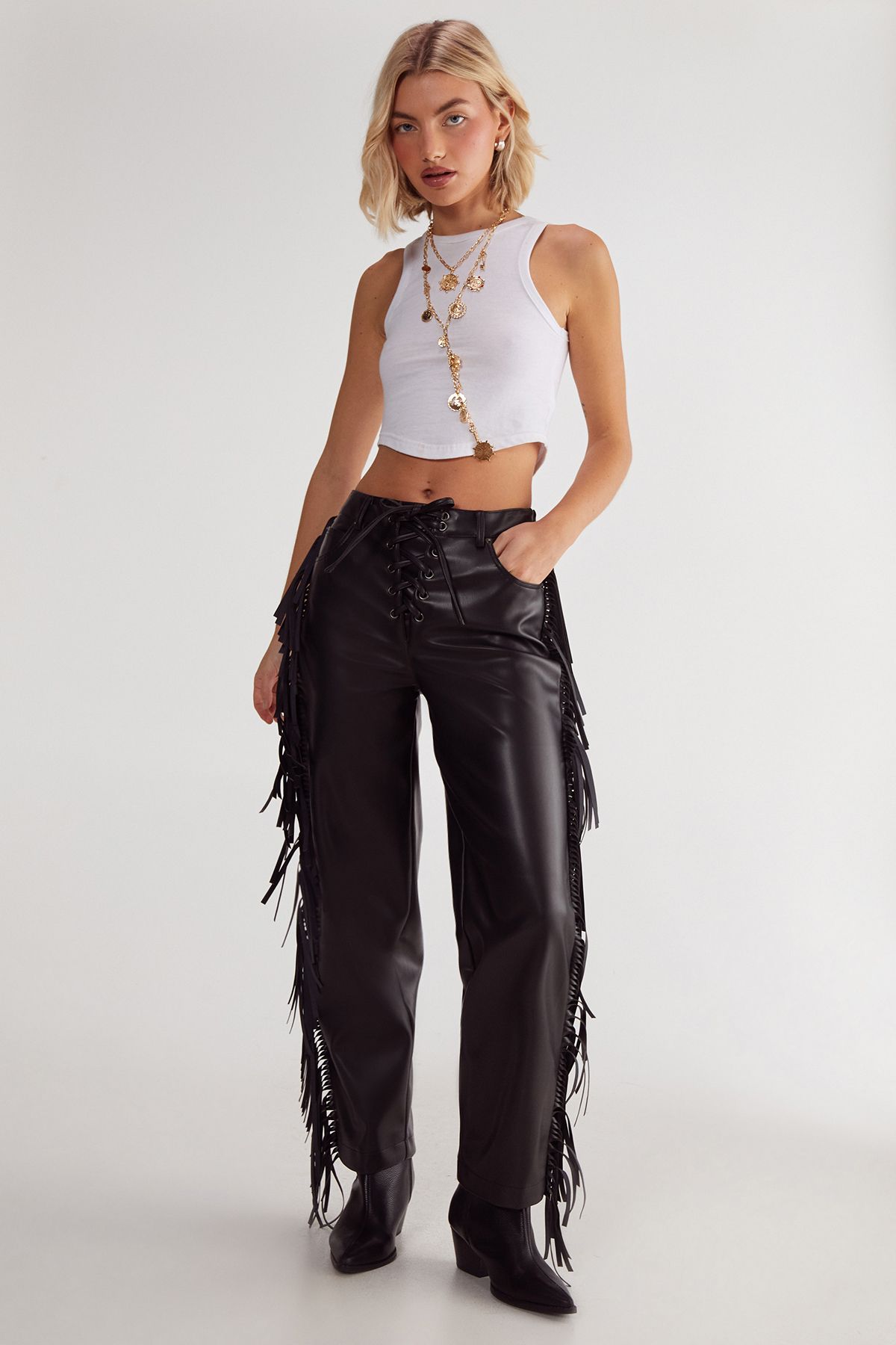 NastyGal Fringe Faux Leather Trousers Black image 2