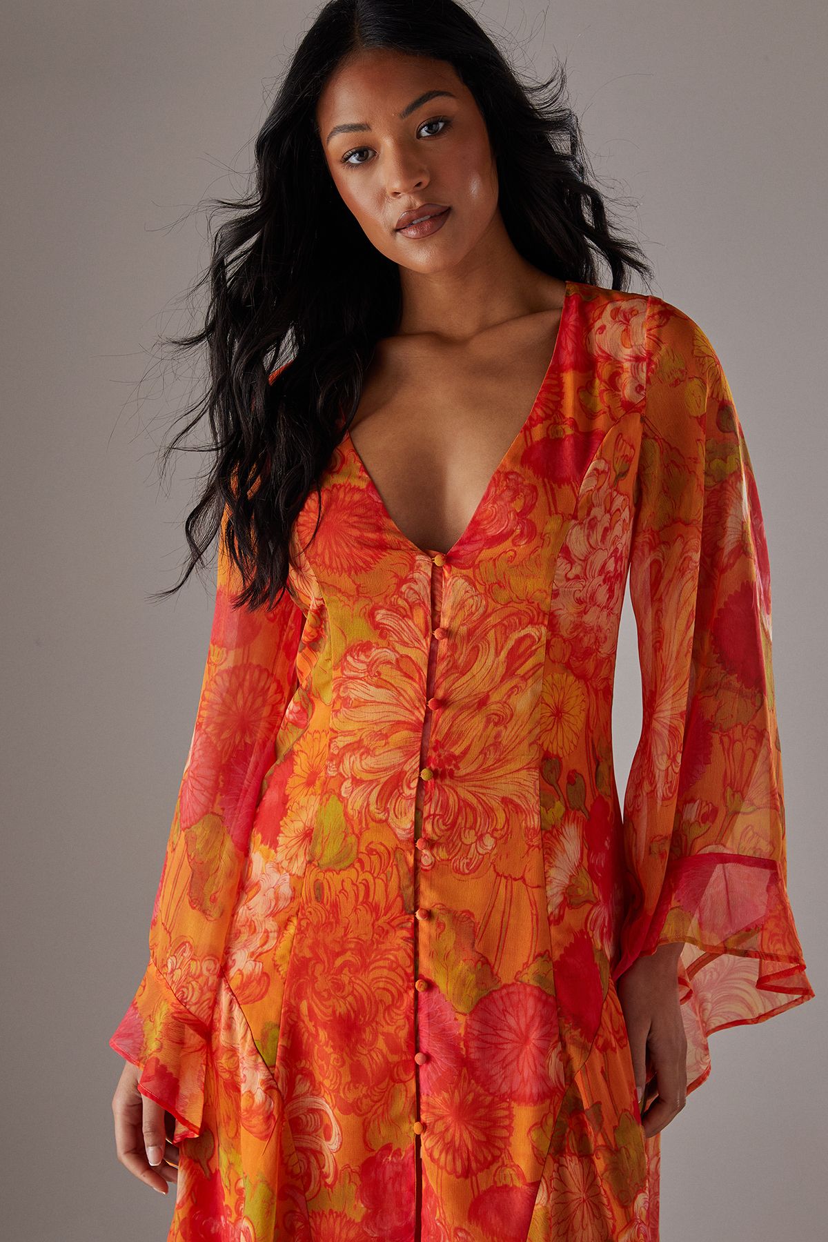 Warehouse Chiffon Bohemian Button Through Maxi Dress Floral image 3