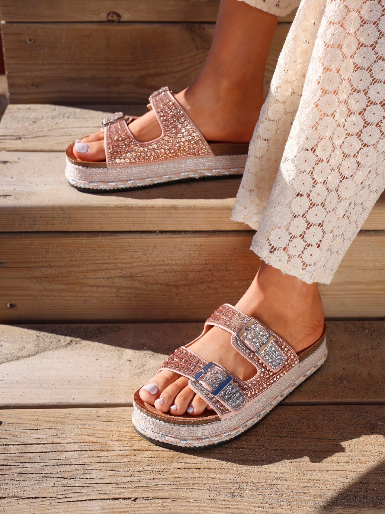 Linzi Glitzy Rose Gold Diamante Double Buckle Flatform Slider Sandal image 2